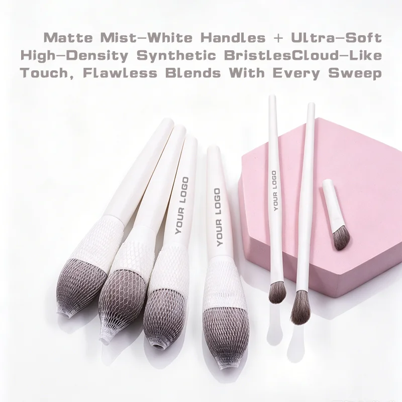 product 6pcs vegan synthetic makeup brush set white wood handle soft and dense bristles suitable for powder blush and eyeshadow-6