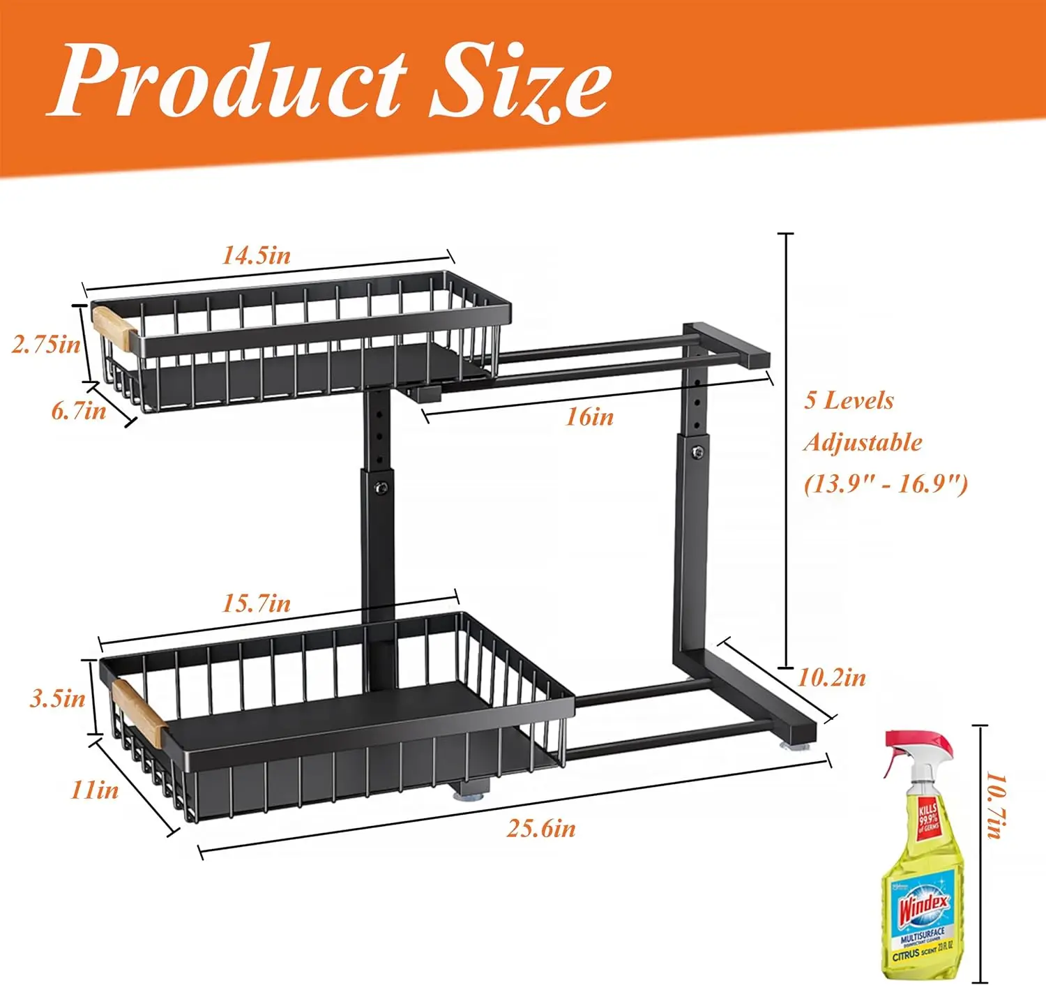 Under-sink Organiser, 2 Level Pull-out Design, Height Adjustable to Suit Items Required,storage for Both Kitchen and Bathroom