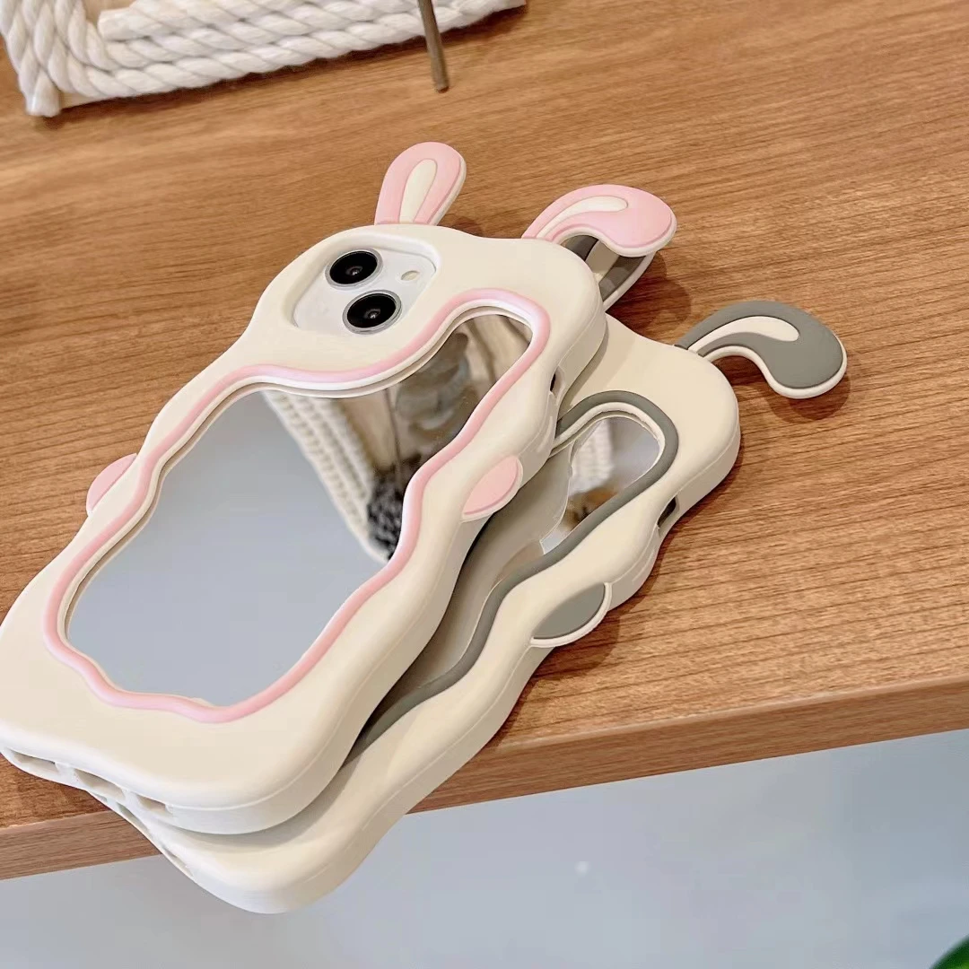 Korean 3D Rabbit Ear Mirror Make up Phone Case for iPhone 11 13 12 14 15 Pro Max XR XS Max Cute Shockproof Silicone Cover