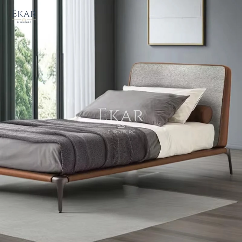 Contemporary Modern Leather Bed with Metal Frame Soft Style for Contemporary Bedrooms manufacture