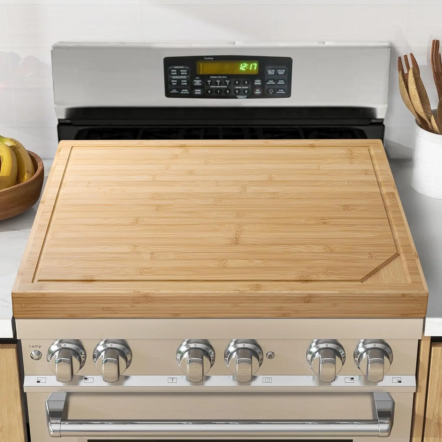 Noodle Board Stove Cover - Bamboo Wood Top Covers for Electric and Gas Sink RV Th Raised Cutting with Legs Juice Grooves