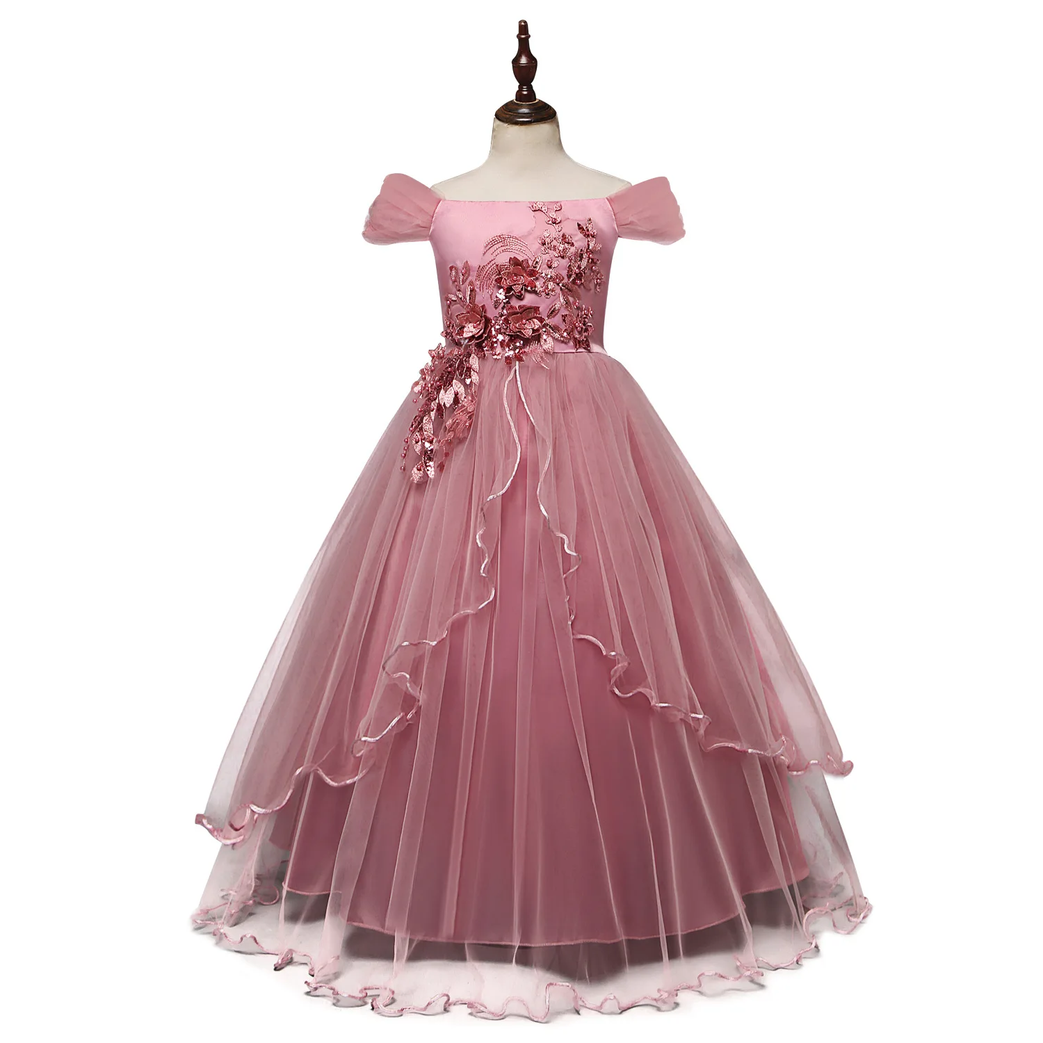 New Children's Dress Girls Long One-word Shoulder Princess Dress Flower  Long Skirt Birthday Party Dresses for Kids