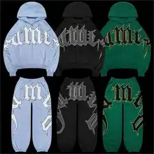 Custom Acid Washed Embroidery Fade Men's Sweatshirts Pants SetsTerry Hoodie Mens Oversize Applique Streetwear Zip Up Hoodies Men