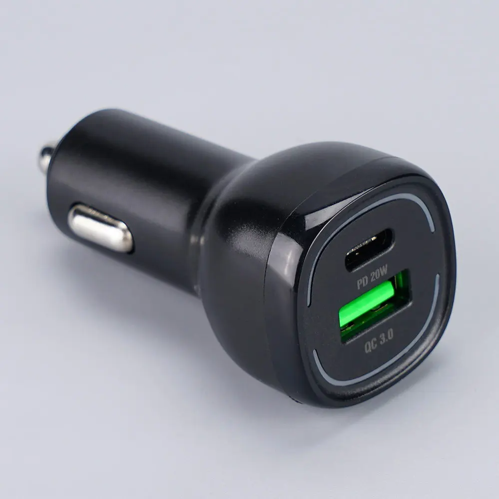  1 USB-A + 1 USB Type-C PD20W QC3.0 Black With Indicating Light Square Car charger DC12V-24V 4041