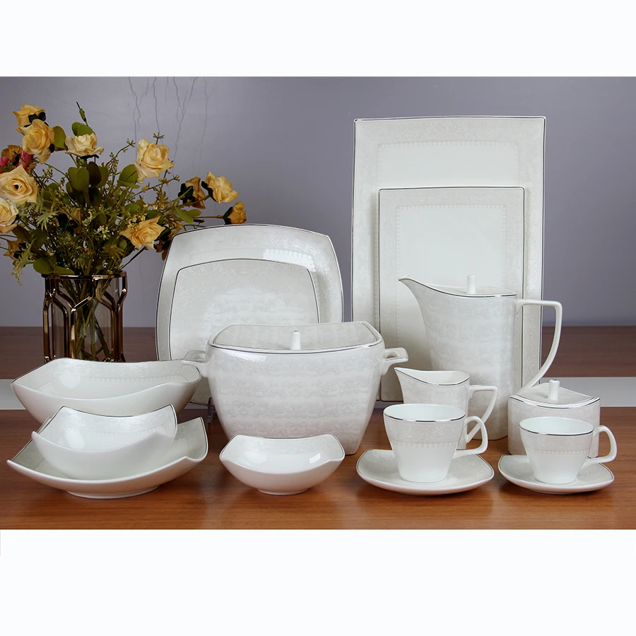 White Embossed Dinnerware Sets Fine Bone China Porcelain Dinner Set