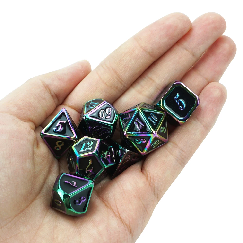 Professional Custom Dnd Polyhedral Dice Set 7pcs Metal rainbow Digital Dices 4d 6d 8d 10d 12d 20d Black Paint for Casino Game