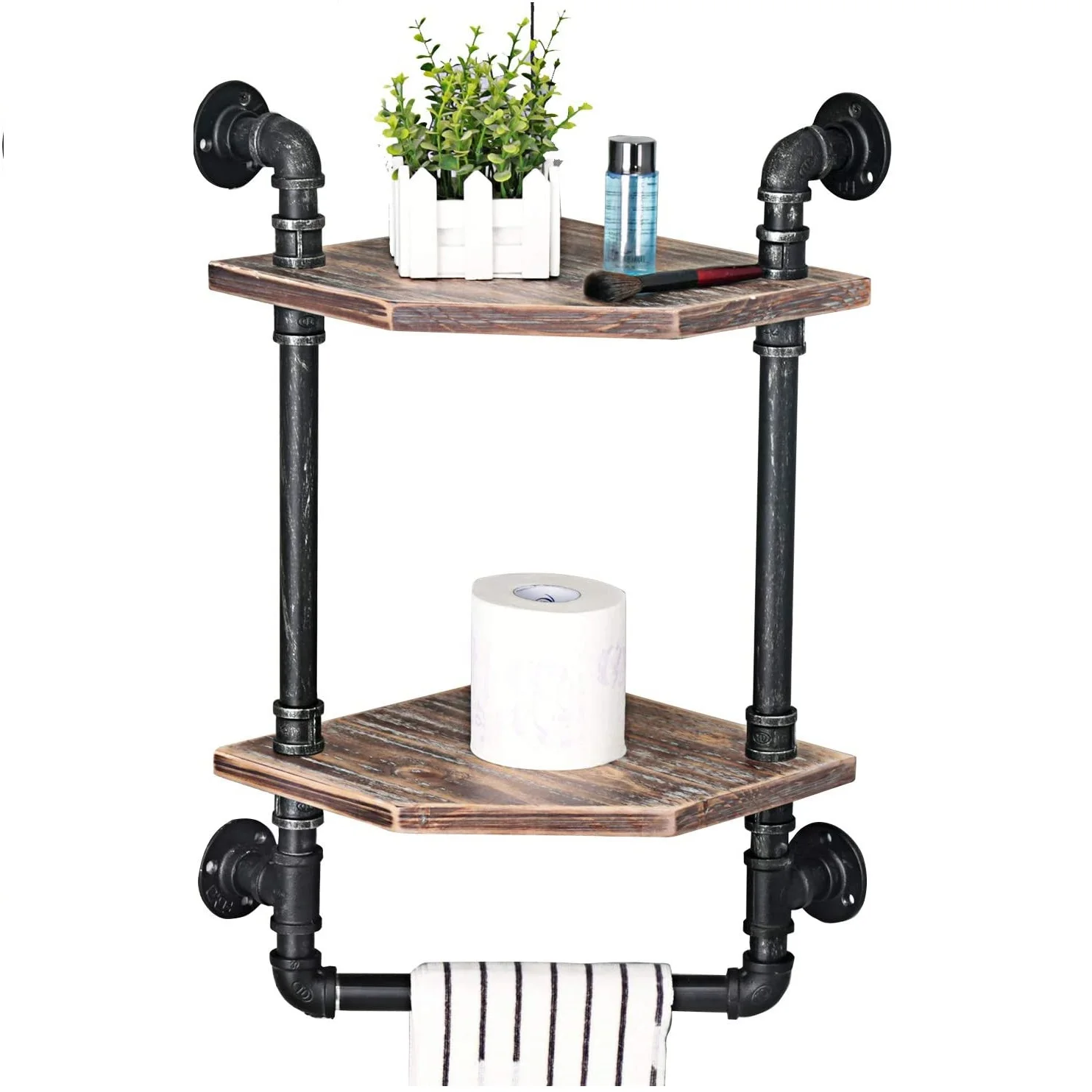 2 Tiered Industrial Pipe Bathroom Shelves Wall Mounted with 2