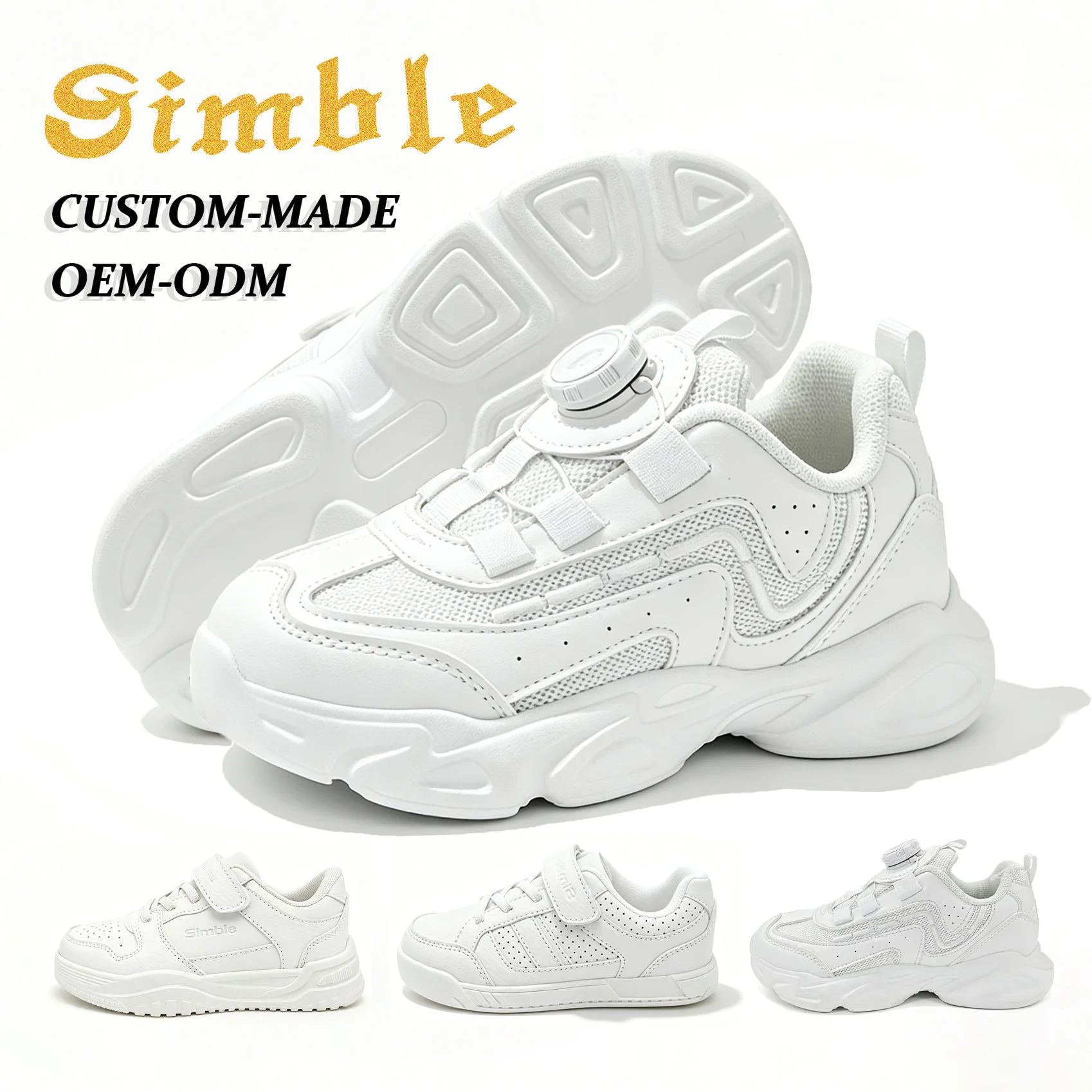 Custom Boys Girls Casual Sneakers Breathable Mesh Light-weight Rotate Button Kids White School Shoes