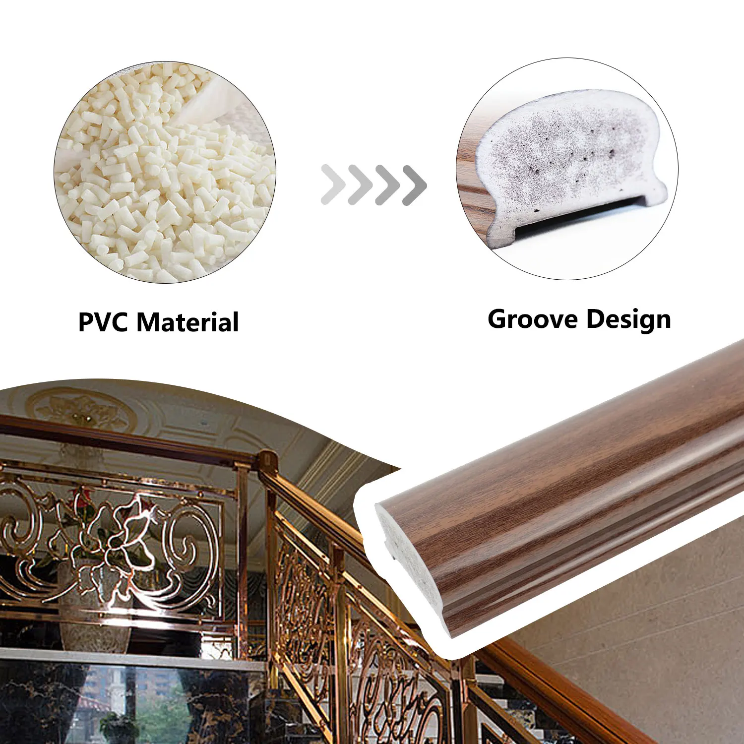 Modern Polymer Hot-Bending Eco-Friendly Wood PVC Frameless Glass Stair Handrail Attic Balcony Balustrades Wooden-Textured