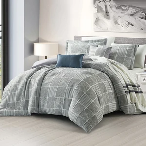 Factory Jacquard Comforter Set with Simple Style Checkered Stripes 200TC Thread Count 8-Piece Grey Bedding for All Homes