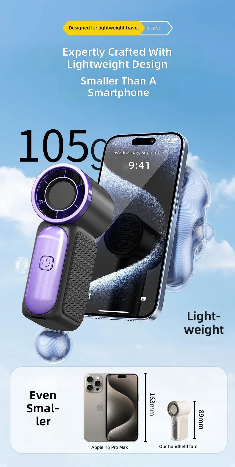 Mini Handheld Fan, USB, Portable, ABS, Plastic - detail 2