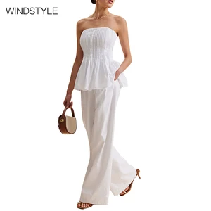White Simple Strapless Commuter Women's Fashion Suit Casual Loose Fit Satin Pants with Pleated Decoration Long Tops for Summer