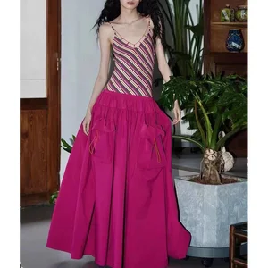 Factory Wholesale Striped Patchwork Design Summer Dress Women Empire Waist Spaghetti Strap Elegant Casual Ladies Pockets