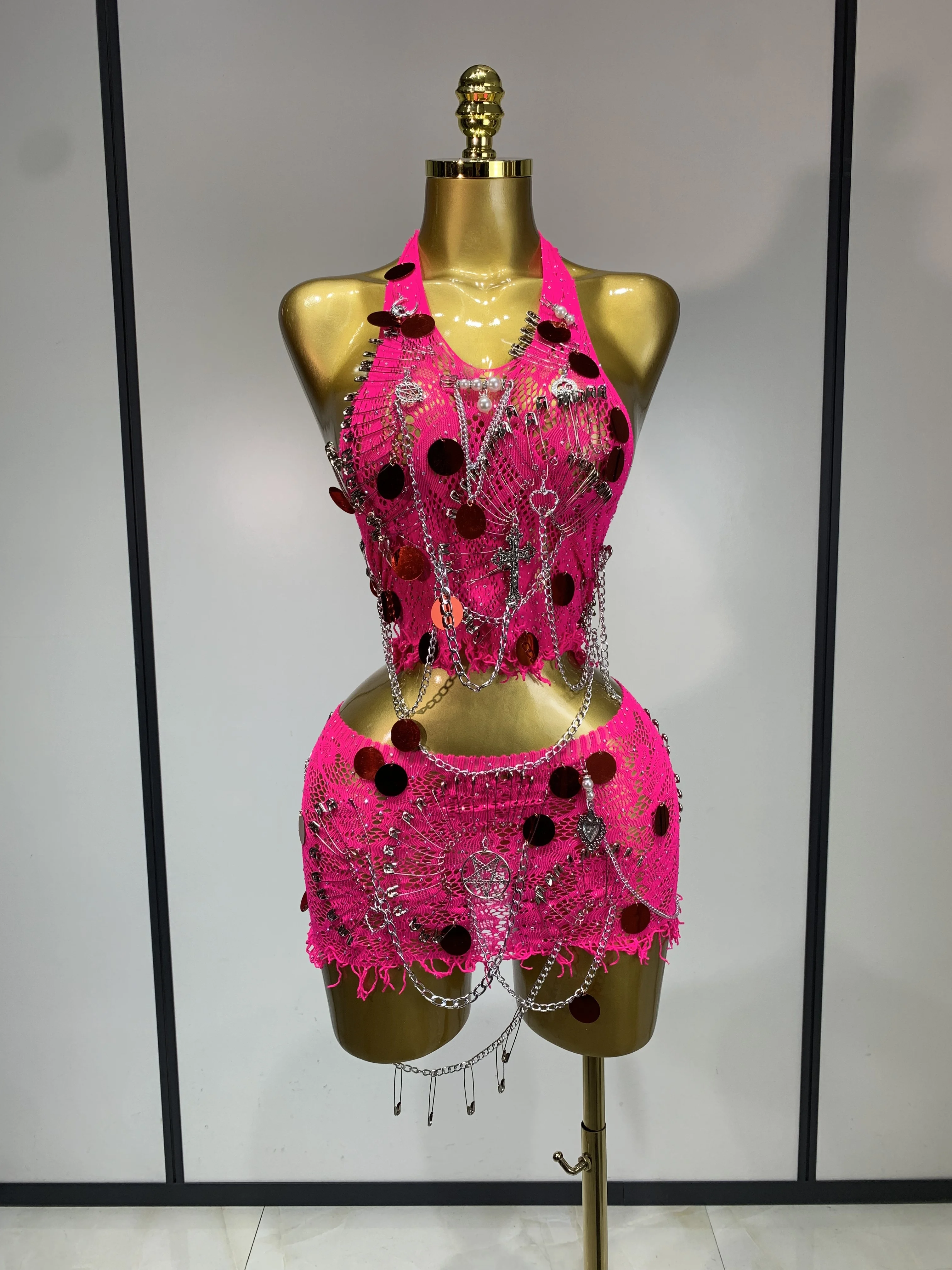 Women Strapless Sequins Chain Mini Dress Two Piece Set Natural Waist  Sparkly Luxury Birthday Celebrate Party Nightclub Gown