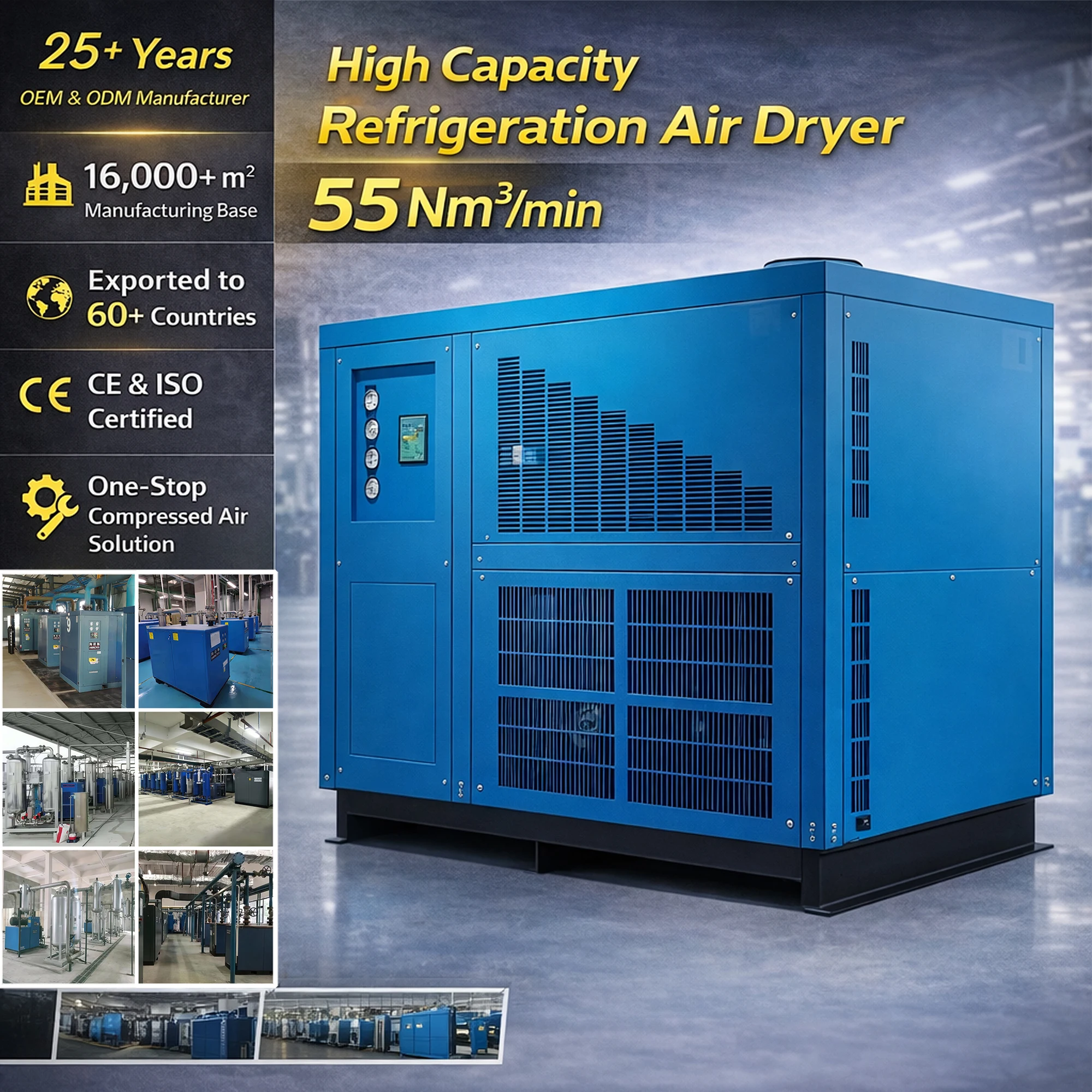 Refrigerated Compressed Air Dryer PLC Core Professional New HIROSS 55Nm3/min Water Cooled for Compressed air Systems