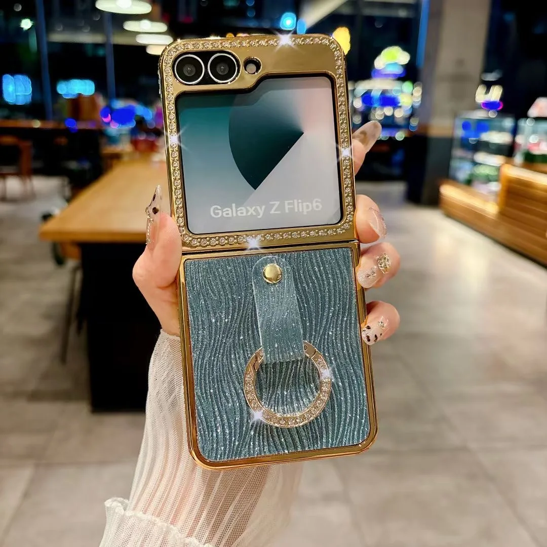 Luxury Style Water Ripple Glitter Powder Electroplated Diamond Phone Case  With Wrist Strap for Samsung Zflip 5 6 TPU Phone Case