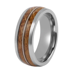 Tizti Jewelry 8mm Dome Popular Musician Guitar String Ring With Whiskey Barrel Wooden Wedding Ring Tungsten Wedding Band