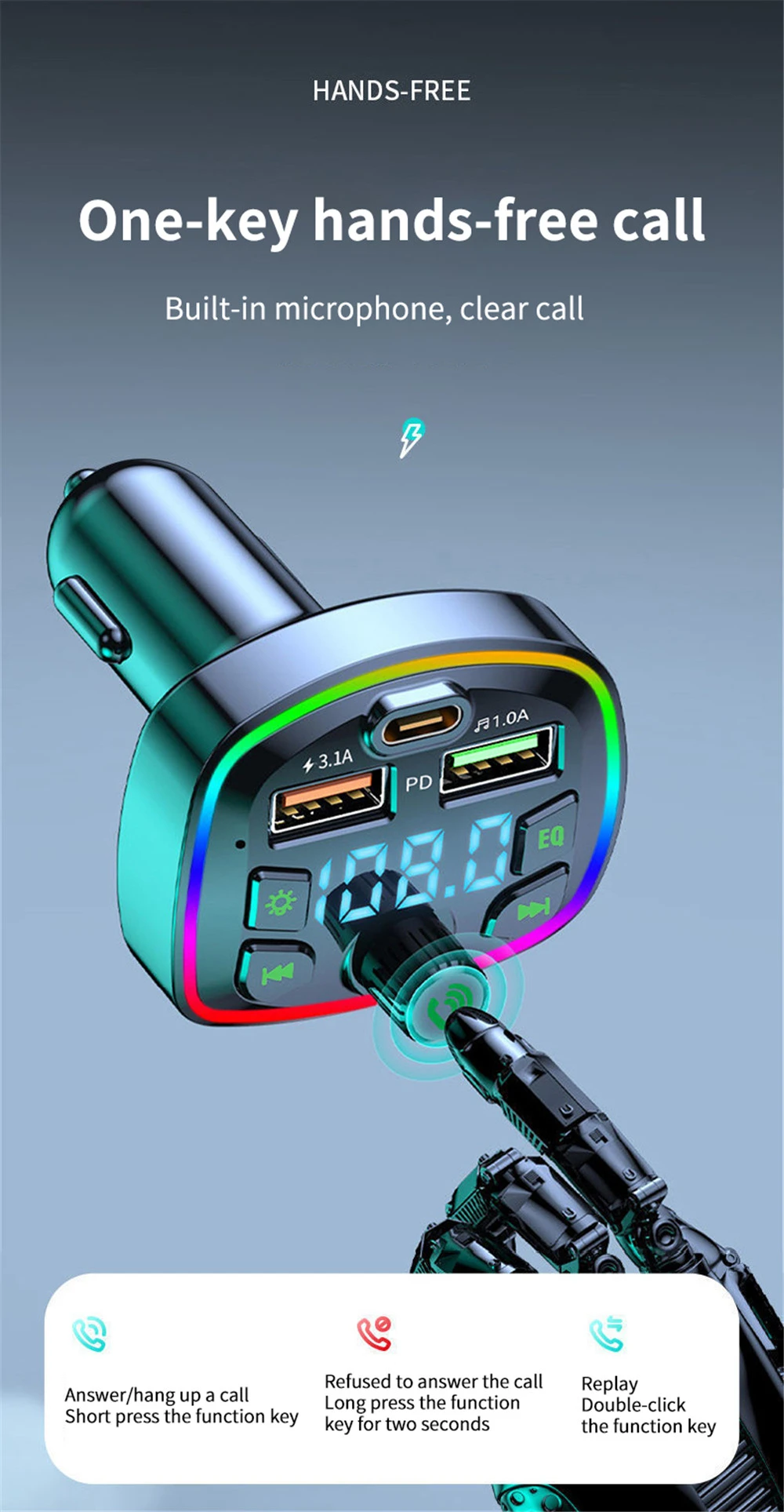 Car Bluetooth 5.0 Charger Fm Transmitter Pd 18w Typec Dual Usb Ambient