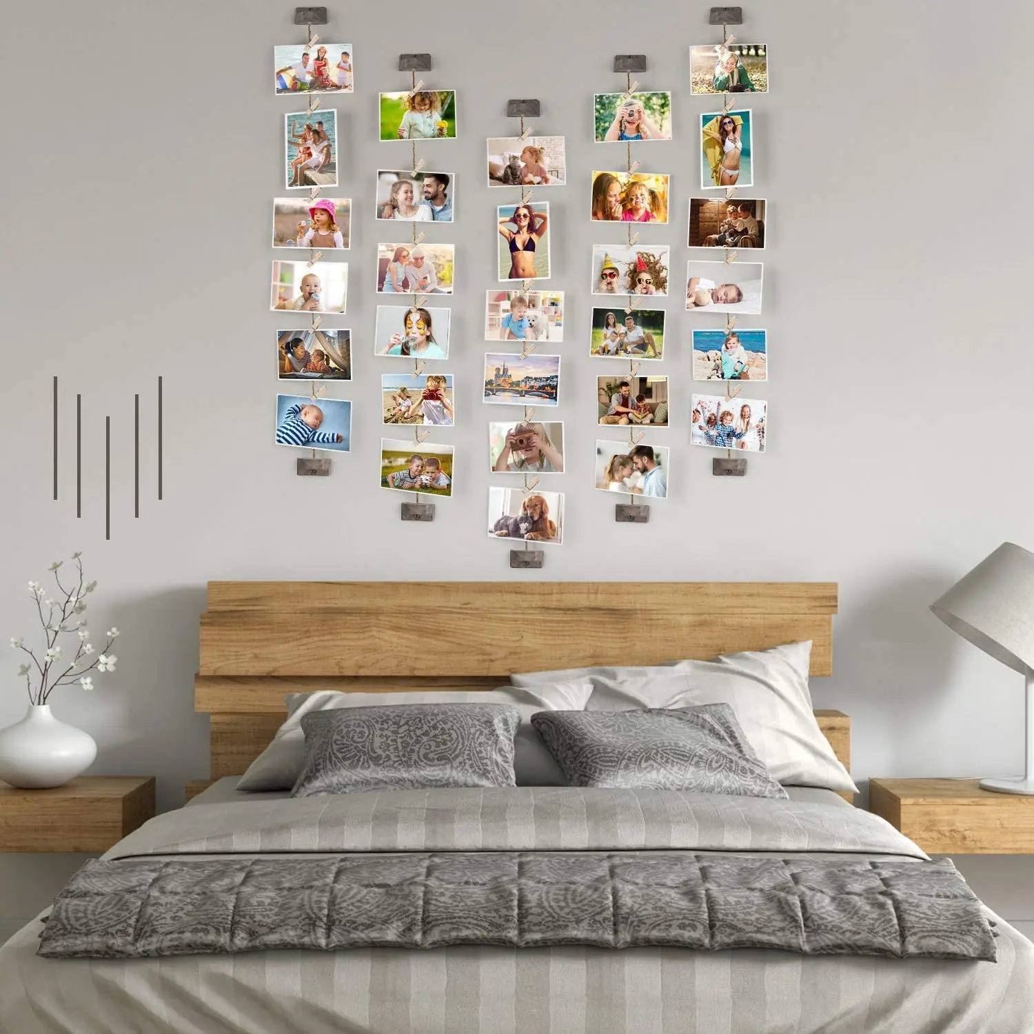 Collage Picture Frames Hanging Photo Display Rustic Wood With 30 Clips Wall 