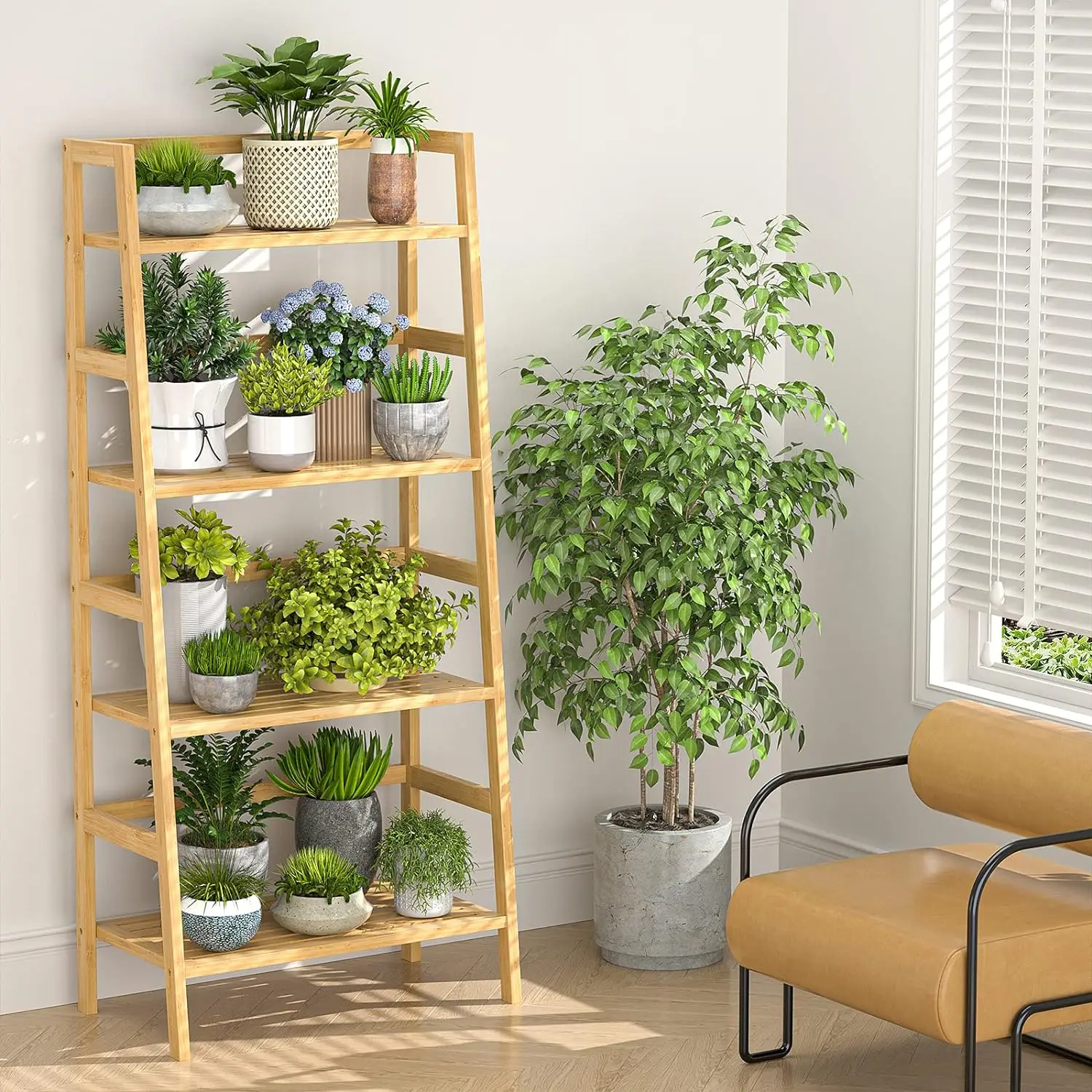 Freestanding Open Bookcase Book Shelf Bathroom Storage Shelves Unit Plant Stand Bamboo Bookshelf 4-Tier Ladder Shelf