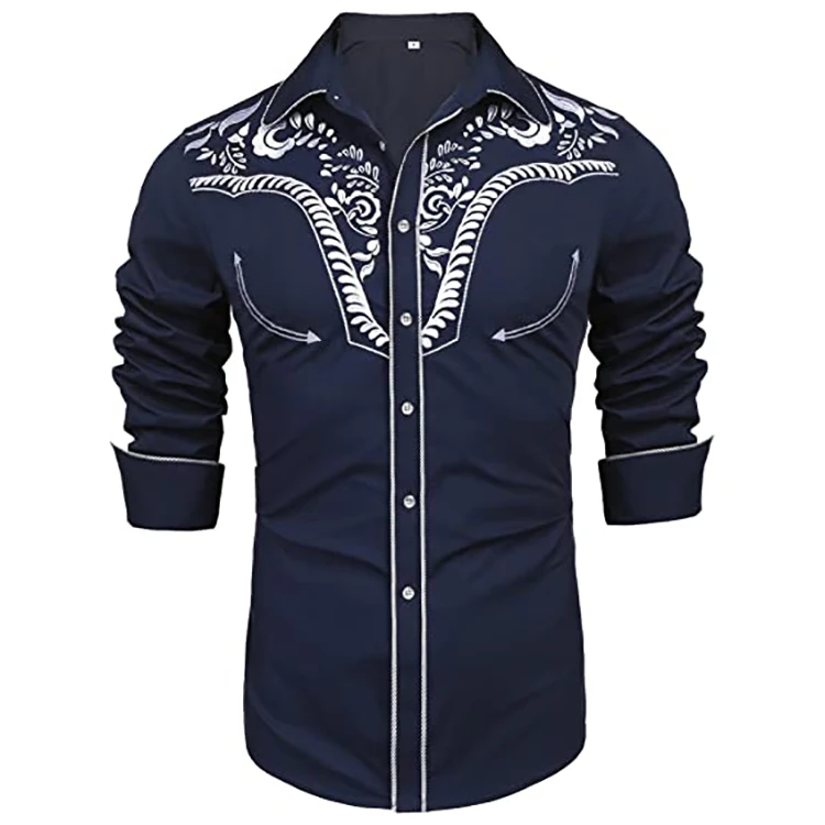 Mens Navy Embroidered Shirts Gold Floral Western Top American Mexican ...