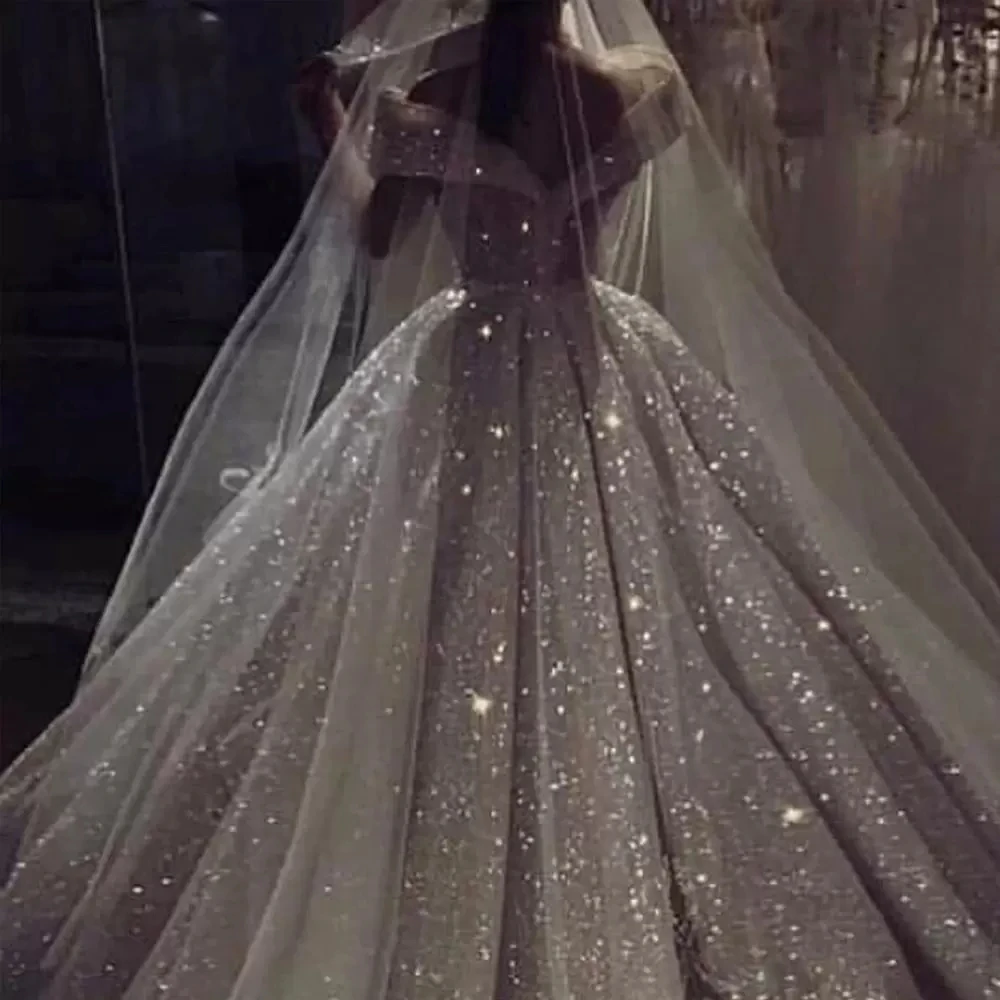 Luxury Sparkle Sequins Ball Gown Wedding Dress Off the Shoulder Dubai Arabic Bridal Gowns Long Backless Shiny Vestidos Plus Size