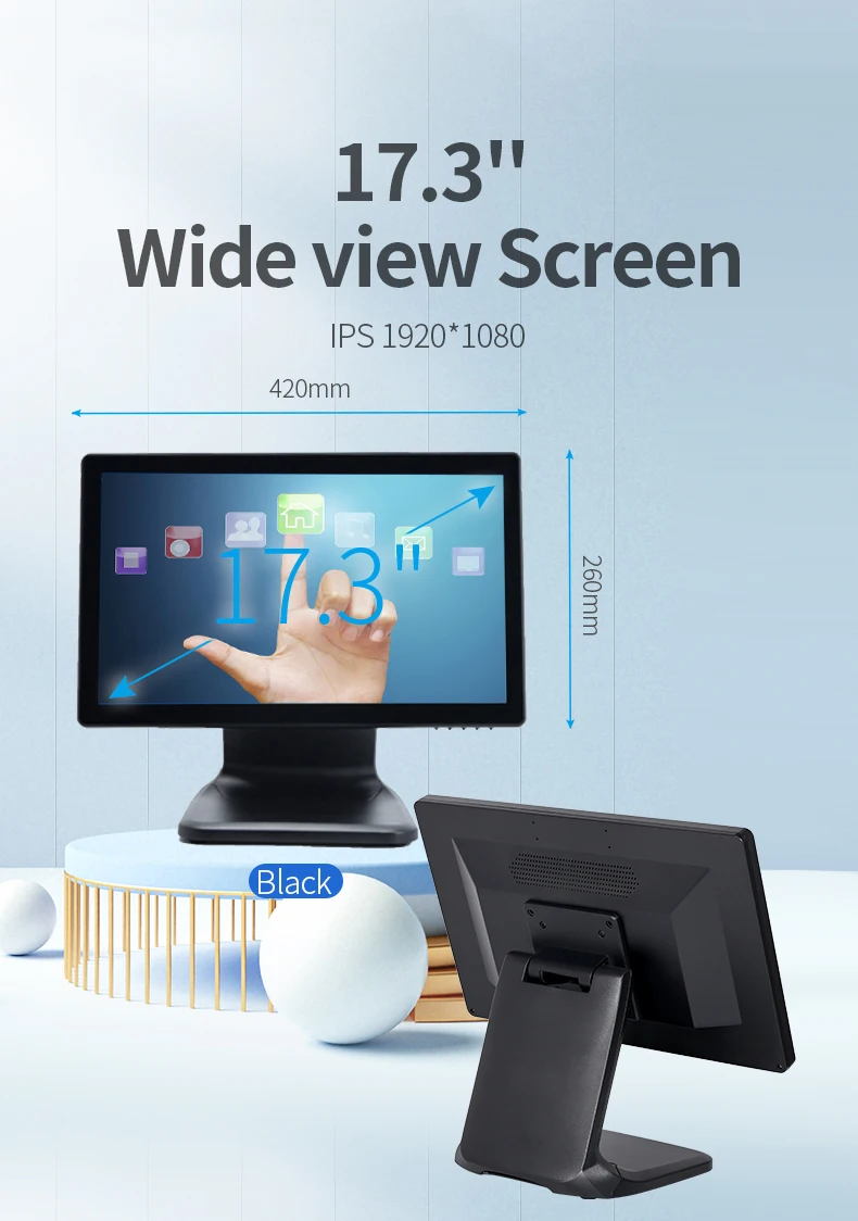 17.3 inch black aluminum high resolution 1920x1080 capacitive pos system touch screen monitors