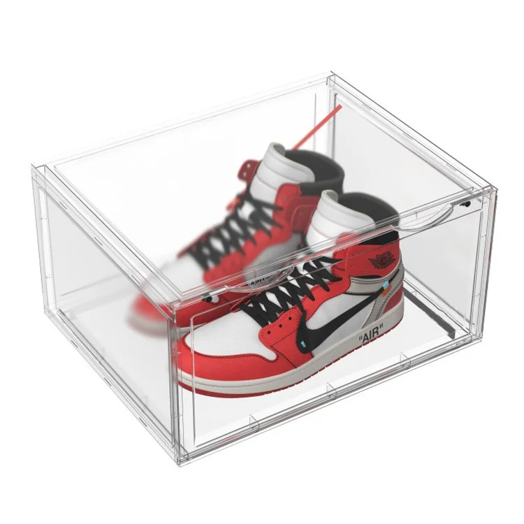 Transparent plastic stackable shoe storage boxes containers drop front