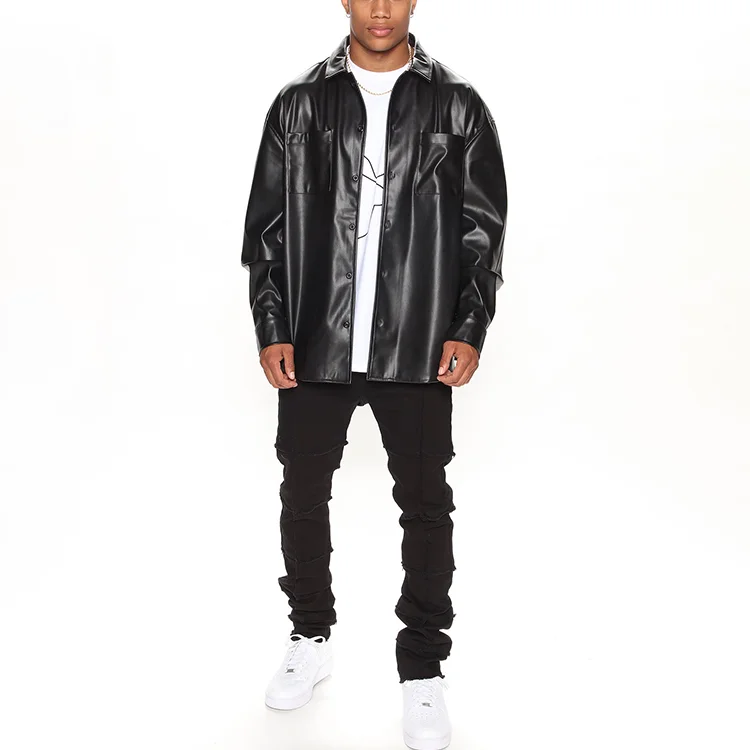Black Custom Oversized Shacket Pockets Plus Size Leather Jacket Man_voghion.com