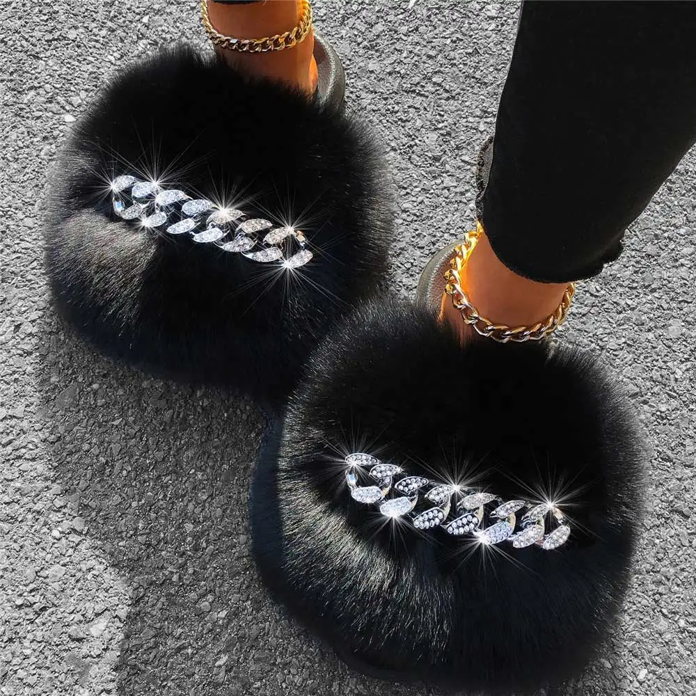 High Quality Large Fur Flat Sandals Furry Women's Sandals Raccoon Fashion  Fur Slippers Sandals Real Fur Slides With Chain - Buy Fur Slides,Fashion  Fur Slippers,Women's Sandals Product on 