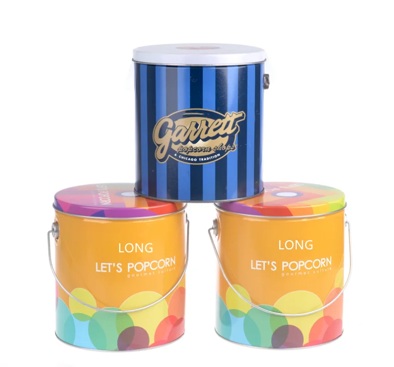 Christmas Gift Metal  Food Popcorn Bucket Tin Containers Handle Bucket Tin Can For Popcorn Packaging