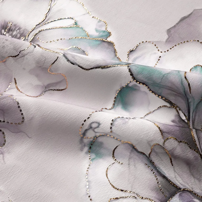 Popular Custom Floral Design Digital Print Glitter Flower 100% Polyester Foil Chiffon Koshibo Crepe Fabric with Gold Foil Print