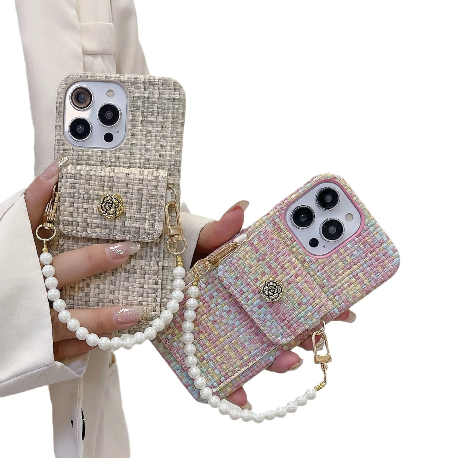 Luxurious Woven Card Holder Diamond-encrusted Camellia Jewel Bracelet Mobile Phone Case For iPhone 11 12 13 14 15 Pro Max Plus