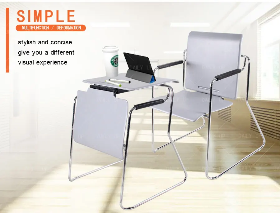 Stacking Convertible Desk And Chair Sled Metal Frame Plastic Office Chair For Training And Meeting Conference Multiple Use