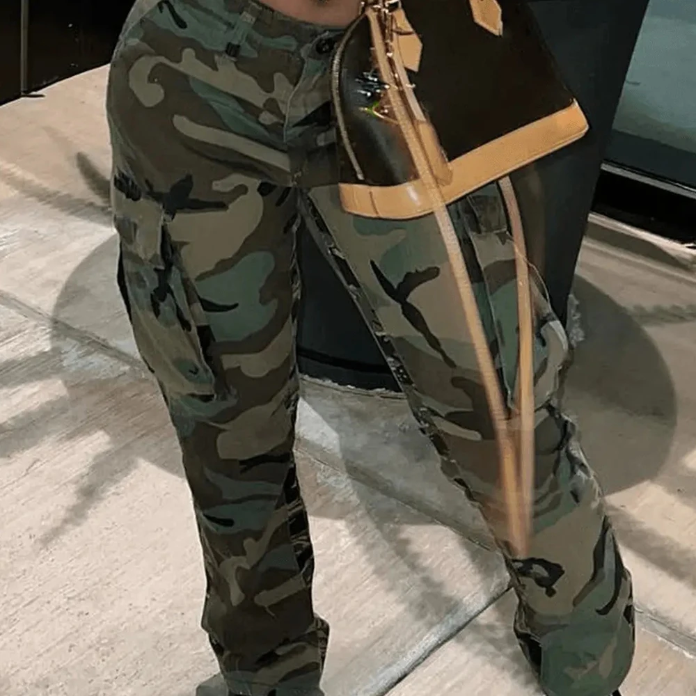 Hot Sale Plus Size Women's Casual Sports Camouflage Print Pants Low Waist Street Jeans Breathable Hip Hop Washed Techniques