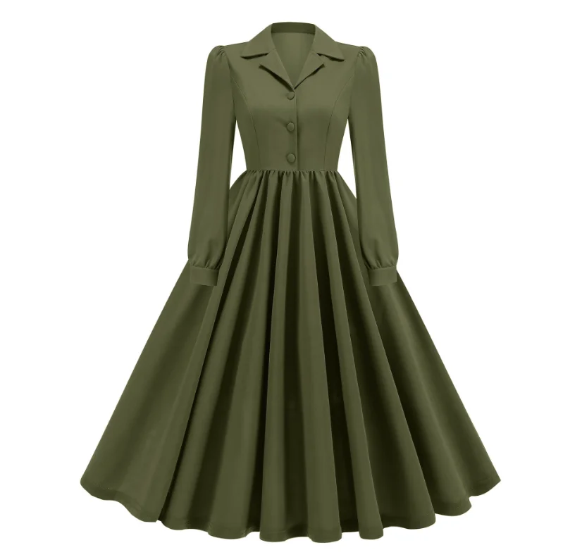 Army Green Solid Color Button Down Retro Notched Lapel Pleated Mature Vintage Mother of the Bride Dresses