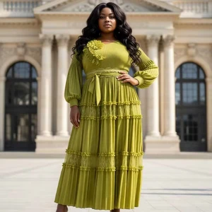 Women's Oversized Pleated Dress with Long Sleeves and Lace Trim - an Elegant Long Dress