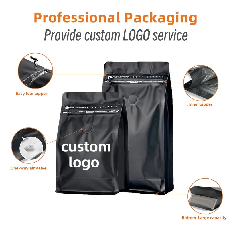 Custom Coffee Bag With Valve and Zipper Printed Flat Bottom Stand up Plastic Packaging Mylar Matte Aluminium Foil Pouch