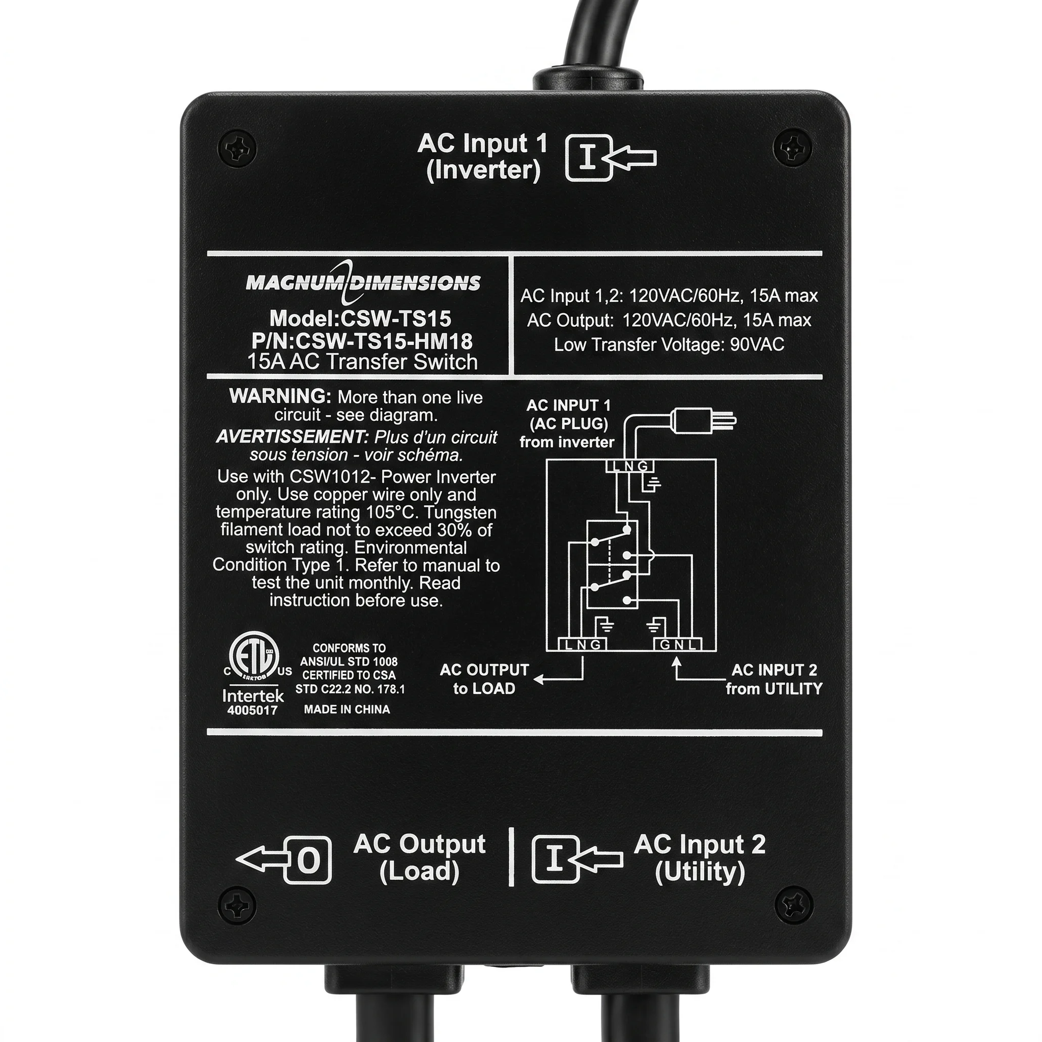 สวิตช์เปลี่ยนแหล่งจ่ายไฟภายนอกแบบ AC รุ่น CSW-TS15 สำหรับใช้ร่วมกับอุปกรณ์ซีรีส์ CSW1012 และ CSW ในแอปพลิเคชันสำหรับรถบ้าน (RV) และเรือ