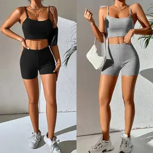 New European American Yoga Sports Set Sexy Strap Shorts Fashion Breathable Elastic Waist Closure Solid Colors Womens Gym Sets