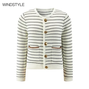 French Women's Small Fragrant Knit Cardigan Jacket Contrast Striped Crewneck with Metal Buttons Casual Style for Autumn