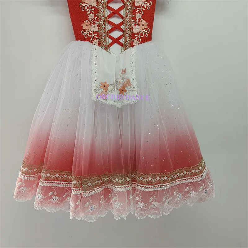 Professional Unique Design Kids Girls Adult La Fille Mal Gardee Performance  Wear Ballet Costume Long Ombre Red Romantic Tutu