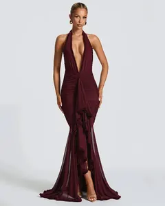 Elegant Halter Deep V Neck Sexy Maxi Dress Women Fashion Sleeveless Backless Ruched Evening Club Party Long Dress