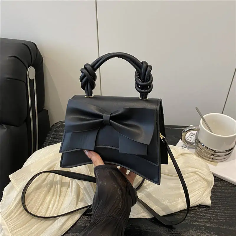 Autumn New Simple Solid Color Portable Shoulder Small Square Bag Texture Bow Casual Crossbody Women's Bag