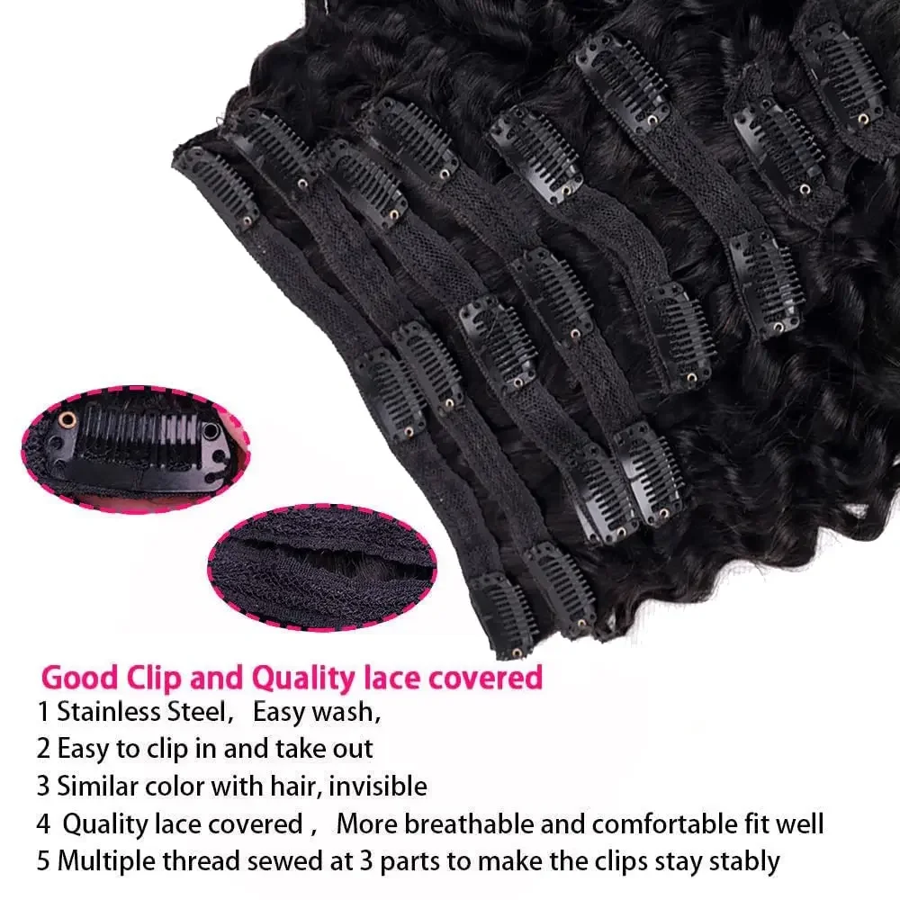 26 Inch Deep Water Wave Clip In Hair Extensions 100% Real Human Hair Natural Black Color_voghion.com