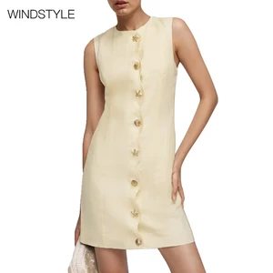 Elegant Socialite Mini Dress Button Sleeveless Summer Decoration Casual Style Direct Order Model