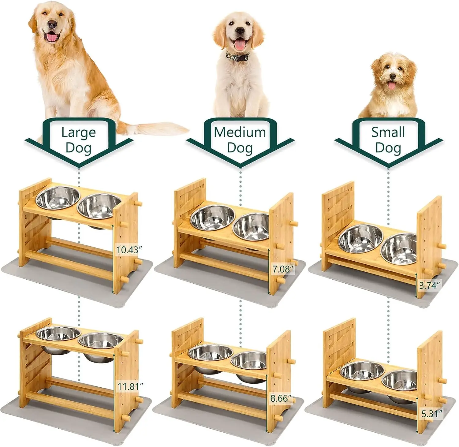product adjustable bamboo pet feeder with 2 500ml stainless steel bowls anti slip elevated food stand for dogs-4