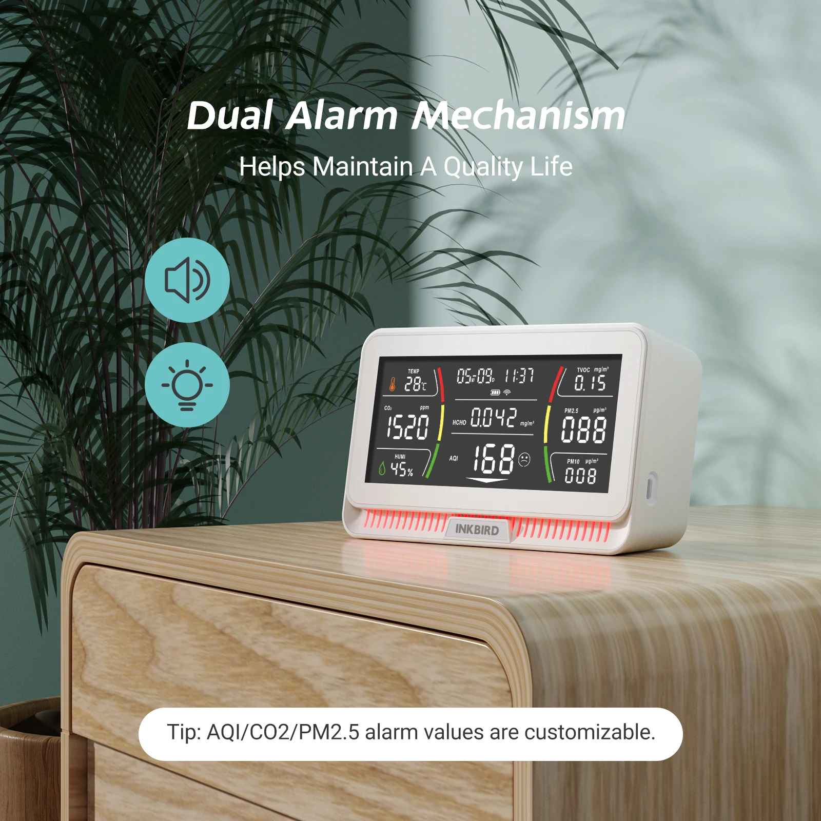 INKBIRD WiFi Air Quality Monitor WiFI IAQM-129-W TUYA for CO2 PM2.5 PM10 TVOC HCHO AQI Temperature Humidity Analyzer