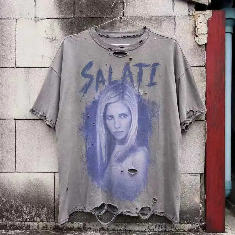 Wholesale Gray Washed Graphic T Shirts Oversized Distressed Portrait Print Ripped Y2K Streetwear Men Short Sleeve T Shirt gallery 2