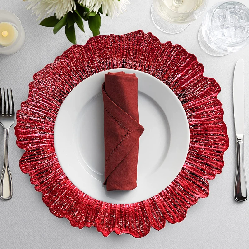 Wholesale Elegant Acrylic Plastic Black Red Silver Rose Gold Reef Charger Plates Wedding Decoration Chargers for Dinner Plates